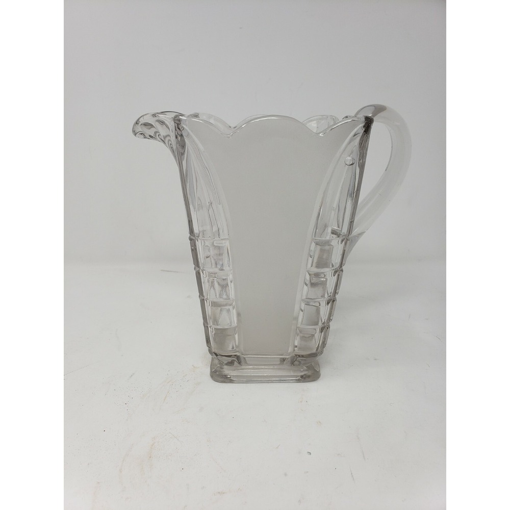 Vtg Clear and Frosted Glass Water Pitcher Cut Glass Depression 7" tall